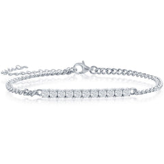 Classic Women's Bracelet - Sterling Silver White CZ ID Bar Curb Chain | T-7961