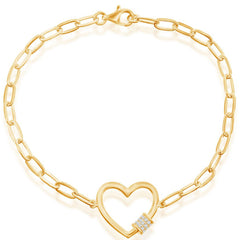 Classic Women's Bracelet - Gold Plated Heart with White CZ Rod Paperclip | T-7965-GP