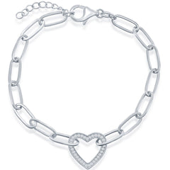 Classic Women's Bracelet - Sterling Silver White CZ Heart Shiny Paperclip | T-7966