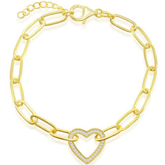 Classic Women's Bracelet - Sterling Silver Gold CZ Heart Paperclip Link | T-7966-GP