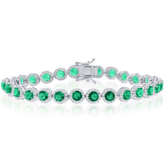 Classic Women's Bracelet - Silver Round Halo White and Emerald CZ Linked | T-7974