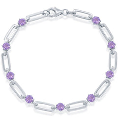 Classic Women's Bracelet - Sterling Silver 4.5mm Round Amethyst Paperclip | T-7994