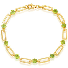 Classic Women's Bracelet - Gold Plated 4.5mm Round Peridot Paperclip Link | T-7996