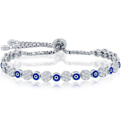 Classic Women's Bracelet - Alternating CZ and Navy Enamel Evil Eye Bolo | T-8063