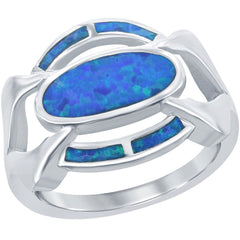 Women's Ring - Silver Large Blue Inlay Opal Wide Designed, Size 7 | W-2319-7