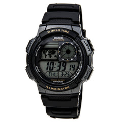 Casio Men's Black Plastic Rubber Strap World Time Illuminator Stop Watch | AE1000W-1A