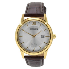 Citizen Men's Leather Strap Watch - Eco-Drive Yellow Steel Silver Dial | AW1232-04A