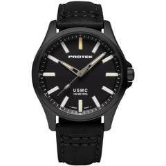 Protek Men's Watch - USMC Series Quartz Black Dial Waterproof Leather Strap | 3102