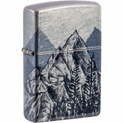Zippo Windproof Pocket Lighter Mountain Sketch Design Tumbled Chrome 46280