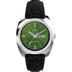 Timex Men's Watch - Q Timex Quartz Date Green Dial Black Leather Strap | TW2W44700