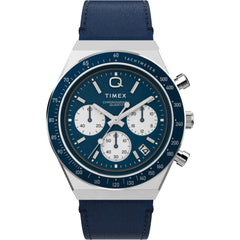 Timex Men's Watch - Q Timex Chronograph Blue and White Dial Leather Strap | TW2W51700