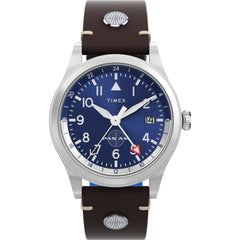 Timex Men's Watch - Waterbury Pan Am GMT Blue Dial Brown Leather Strap | TW2W97300