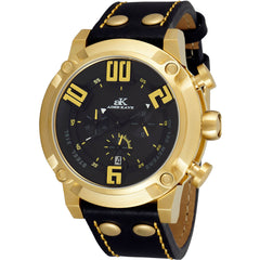 Adee Kaye Men's Watch - Gamma-Mesh Yellow Gold Case Black Leather Strap | AK7280-MG