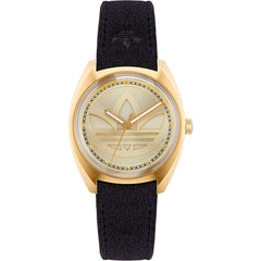 Adidas Men's Watch - Originals Quartz Gold Tone Dial Black Leather Strap | AOFH22513