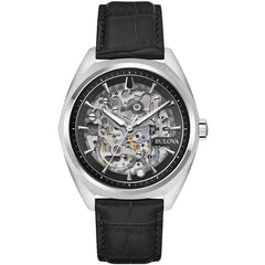 Bulova Men's Watch - Surveyor Automatic Silver Tone Case Black Leather Strap | 96A310
