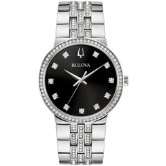 Bulova Men's Watch - Crystal Black Dial Silver Stainless Steel Bracelet | 96K110