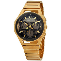 Bulova Men's Watch - Curv Quartz Chronograph Black Dial Yellow Gold Steel | 97A144
