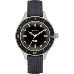 Bulova Men's Watch - Mil Ships Automatic Silver Tone Case Black Fabric Strap | 98A266