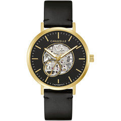 Caravelle Men's Watch - Classic Automatic Yellow Gold Case Black Dial Strap | 44A121