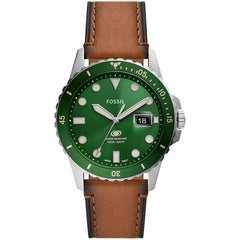 Fossil Men's Watch - Blue Dive Quartz Rotating Bezel Green Dial Brown Strap | FS5946