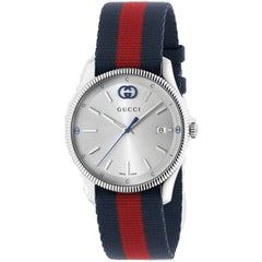 Gucci Women's Watch - G-Timeless Silver Dial Blue and Red Nylon Strap | YA1264237