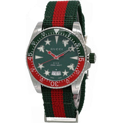 Gucci Men's Watch - Dive Quartz Silver Tone Case Green and Red Nylon Strap | YA136339