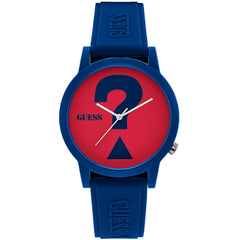 Guess Men's Watch - Classic Quartz SS Case Red Dial Blue Rubber Strap | V1041M4