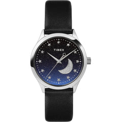 Timex Women's Watch - Celestial Blue Glitter Dial Black Leather Strap | TW2V49200