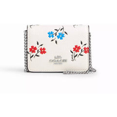 Coach Women's Mini Wallet - Floral Printed Pebbled Leather with Chain | CU005-SVCAH