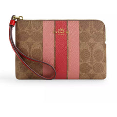 Coach Women's Wristlet - Signature Canvas with Stripe Tan Multi Zip | CAQ76-IMTAM