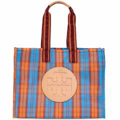 Tory Burch Women's Tote - Ella Blue and Orange Mercado Plaid Mesh Market | 82706-413