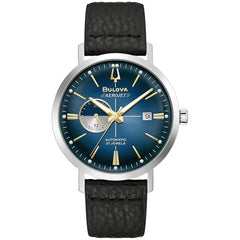 Bulova Men's Watch - Aerojet Automatic Blue Dial Black Leather Strap Date | 96B374