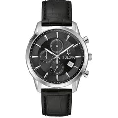 Bulova Men's Watch - Sutton Quartz Chronograph Black Dial Leather Strap Date | 96B403