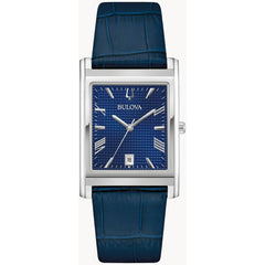 Bulova Men's Watch - Sutton Silver Tone Case Blue Dial Embossed Leather Strap | 96B442