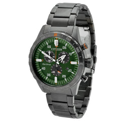 Citizen Men's Watch - Eco-Drive Black and Green Dial Steel Chronograph | AT2527-80X