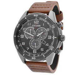 Citizen Men's Chronograph Watch - Drive Black & Grey Dial Brown Strap | AT2447-01E