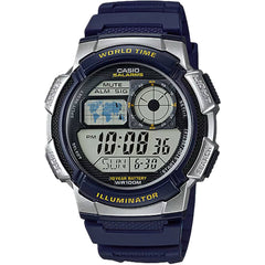 Casio Men's Watch - World Time Grey Digital Dial Blue Rubber Strap | AE-1000W-2AV
