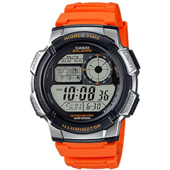 Casio Men's Watch - World Time Grey Digital Dial Orange Rubber Strap | AE-1000W-4BV