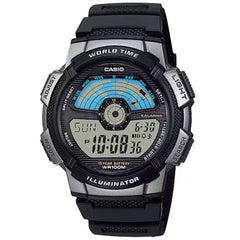 Casio Men's Watch - World Time Grey Digital Dial Black Rubber Strap | AE-1100W-1AV