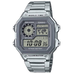 Casio Men's Watch - World Time Grey Digital Dial Silver Bracelet | AE-1200WHD-7A