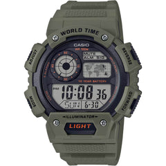 Casio Men's Watch - Alarm Black and Grey Digital Dial Green Strap | AE-1400WH-3A