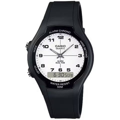 Casio Men's Watch - Dual Time White Analog-Digital Dial Black Strap | AW-90H-7BV
