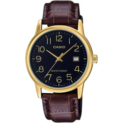 Casio Men's Watch - Quartz Black Dial Brown Leather Strap Date | MTP-V002GL-1BUDF