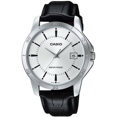 Casio Men's Watch - Quartz Silver Tone Dial Black Leather Strap Date | MTP-V004L-7A