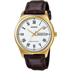Casio Men's Watch - White Dial Brown Leather Strap Date and Day | MTP-V006GL-7BUDF