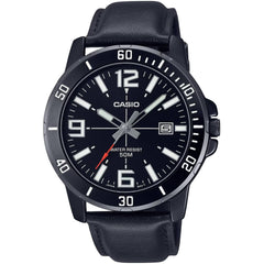 Casio Men's Watch - Quartz Black Dial Leather Strap Date Display | MTP-VD01BL-1BV
