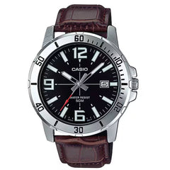 Casio Men's Watch - Quartz Black Dial Brown Leather Strap Date | MTP-VD01L-1BVUDF