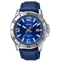 Casio Men's Watch - Blue Dial Genuine Leather Strap Date Display | MTP-VD01L-2BV