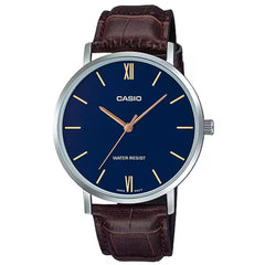 Casio Men's Watch - Quartz Blue Dial Brown Leather Strap Analog | MTP-VT01L-2BUDF