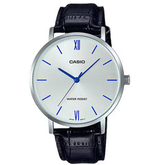 Casio Men's Watch - Quartz Silver Tone Dial Black Leather Strap Analog | MTP-VT01L-7B1